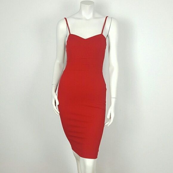 PRIVY Women's Midi Sheath Dress Spaghetti Strap Color Red - Picture 2 of 8